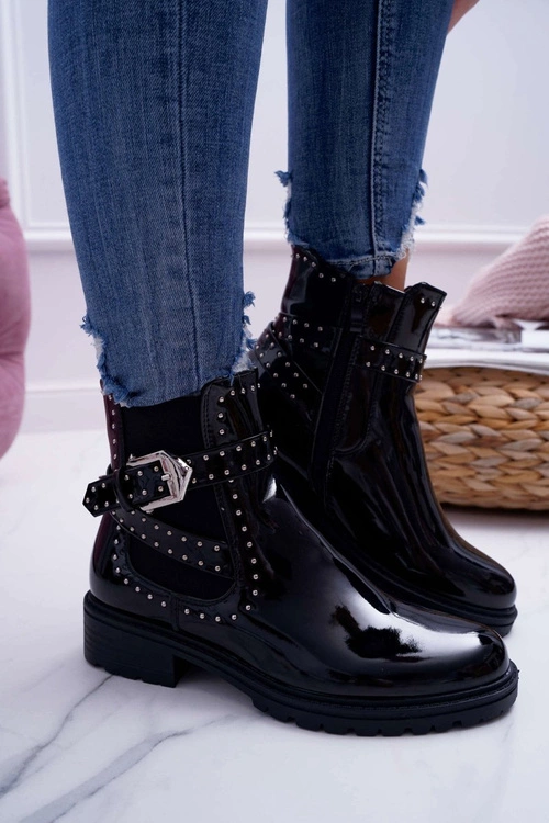 Botki Damskie Płaski Obcas Ciepłe Lakierowane Czarne Verre