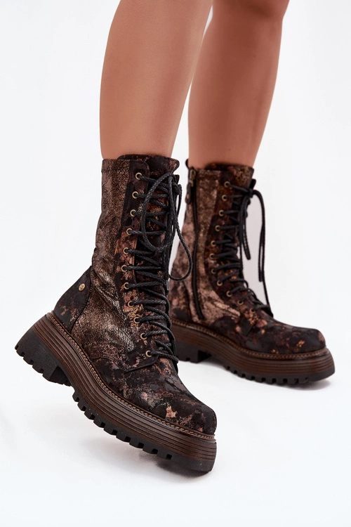 Damskie Skórzane Botki Workery Maciejka 06203-32 Brązowo-Złote