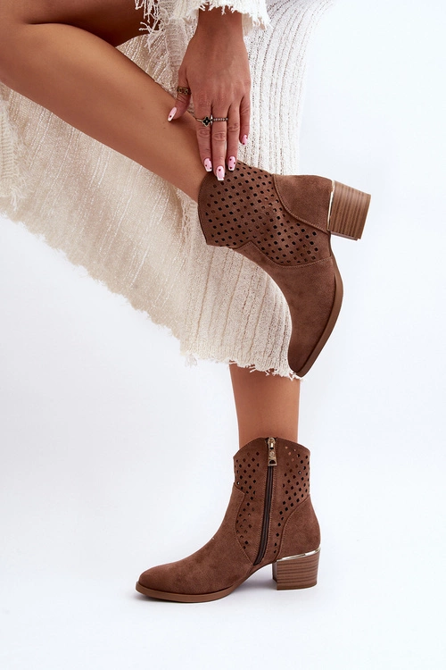Ażurowe Botki Na Niskim Obcasie Brązowe Cilvana