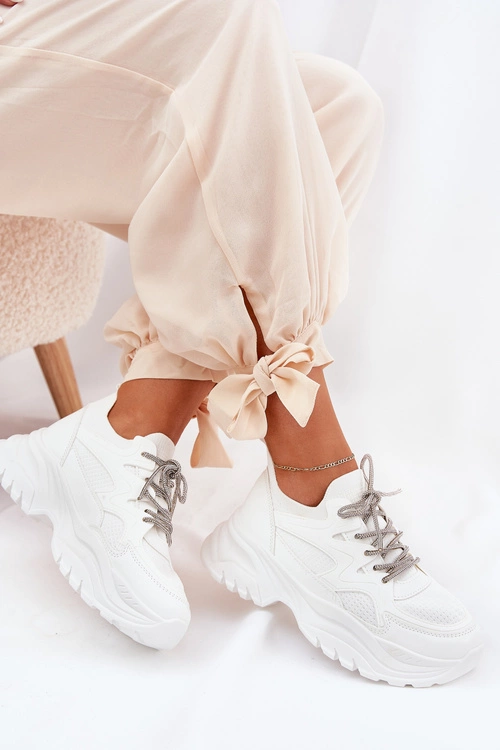 Sneakersy Damskie Na Platformie Ozdobnym Sznurowaniem Białe Evalianne