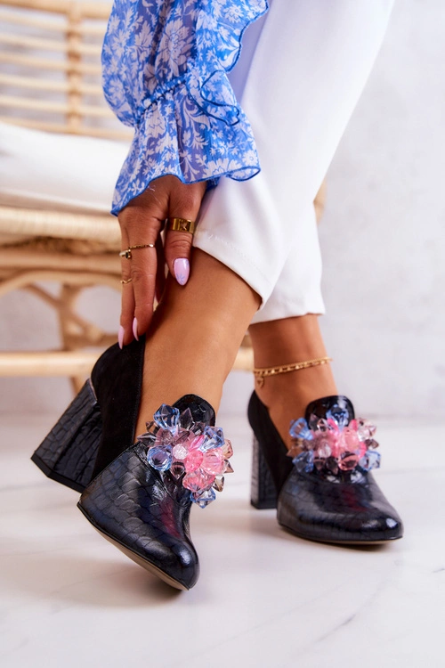 Zamszowe Wężowe Czółenka Na Słupku Czarne Sofie