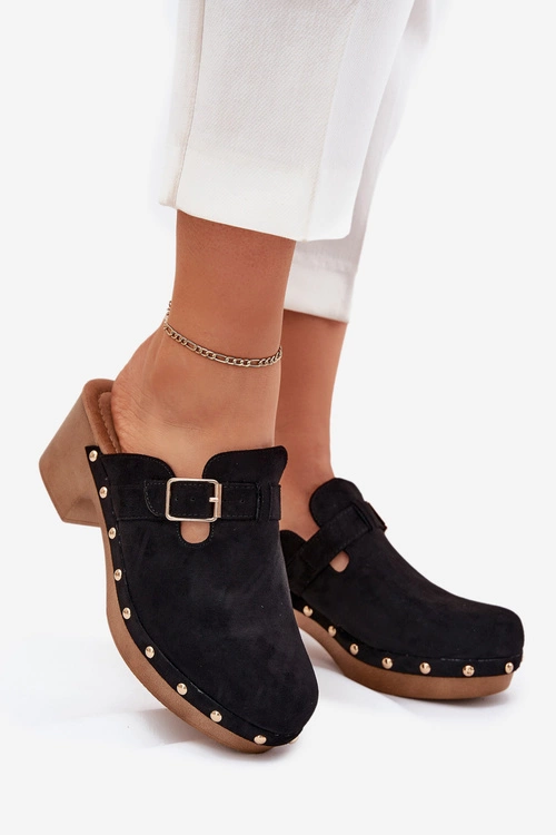 Klapki Chodaki Damskie Na Obcasie Z Klamrą Czarne Veldexina