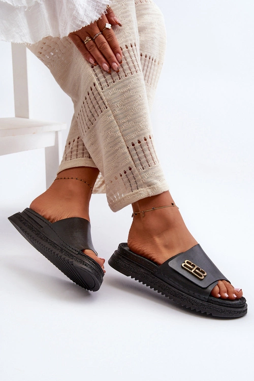 Zazoo 50101 Klapki Damskie Skórzane Na Platformie Czarne