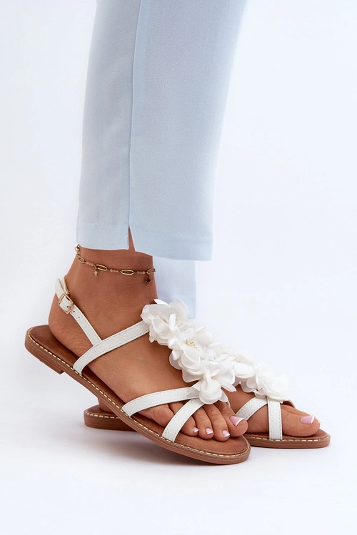 Sandały Damskie Płaskie Ozdobione Kwiatkami Białe Abidina