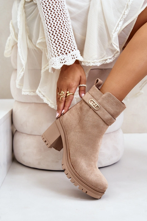 Botki Damskie Na Słupku Eko Zamszowe Ocieplane Na Zamek Beżowe Laonora