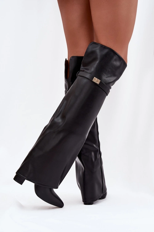 Ocieplane Kozaki Z Wywiniętą Cholewką Za Kolano Obcas Słupek Czarne Serelle