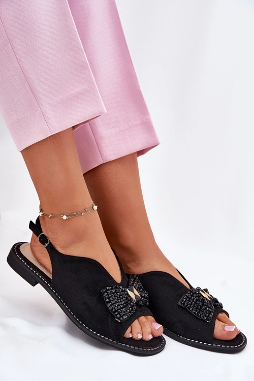 Sandały Damskie Z Kokardą Na Płaskim Obcasie S.Barski KV51-014 Czarne