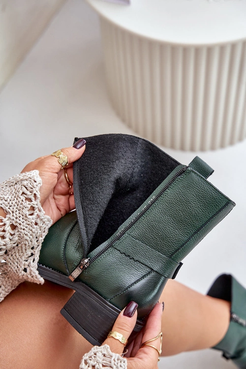 Zazoo 60480 Skórzane Botki Na Niskim Obcasie Ocieplane Ciemnozielone