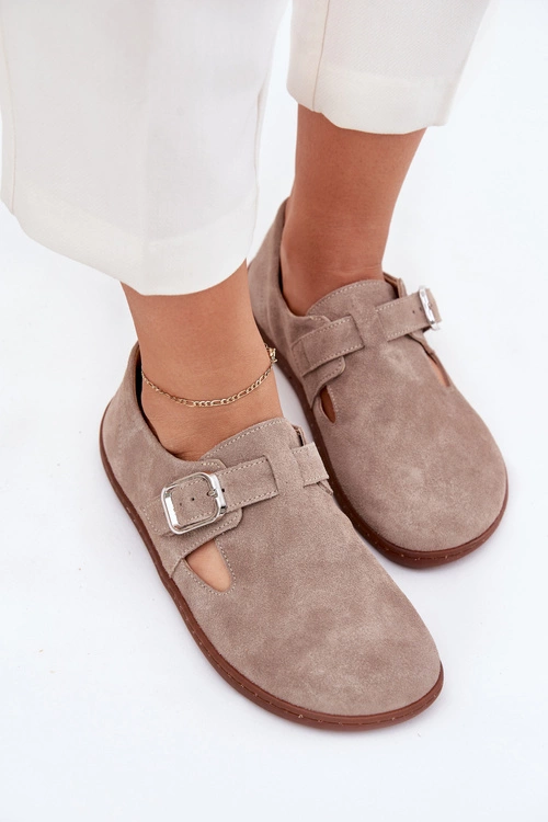 Zamszowe Półbuty Barefoot Damskie Z Klamrą Zazoo N1261 Beżowe