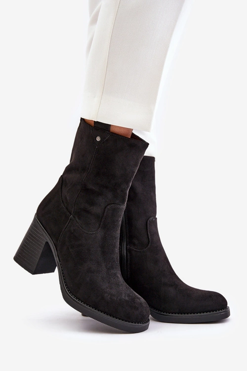 Botki Damskie Ocieplane Na Obcasie Słupku Eko Zamszowe Czarne Vellinga