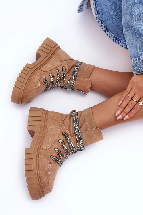 Damskie Zamszowe Botki Sznurowane Ciemnobeżowe Acorn