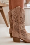 Ażurowe Damskie Botki Kowbojki Na Obcasie Brązowe Iceda