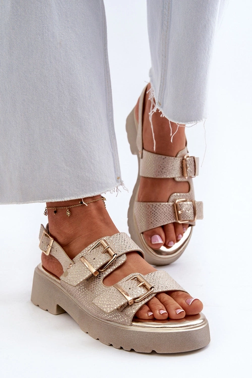 Sandały Damskie Z Klamrami Eko Skórzane Złote Konanttia