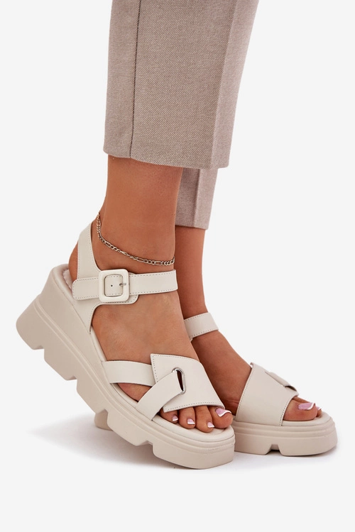 Skórzane Sandały Damskie Na Koturnie Artiker 54C1624 Beżowe