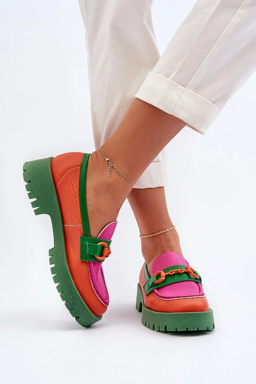 Mokasyny Skórzane Damskie Z Ozdobą CheBello 4444 Pomarańczowe