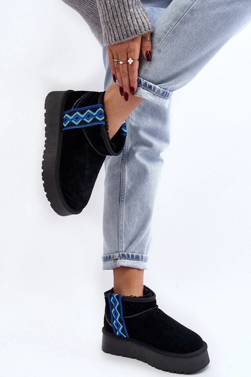 Skórzane Zamszowe Śniegowce Damskie Na Grubej Podeszwie Czarne Vebissat