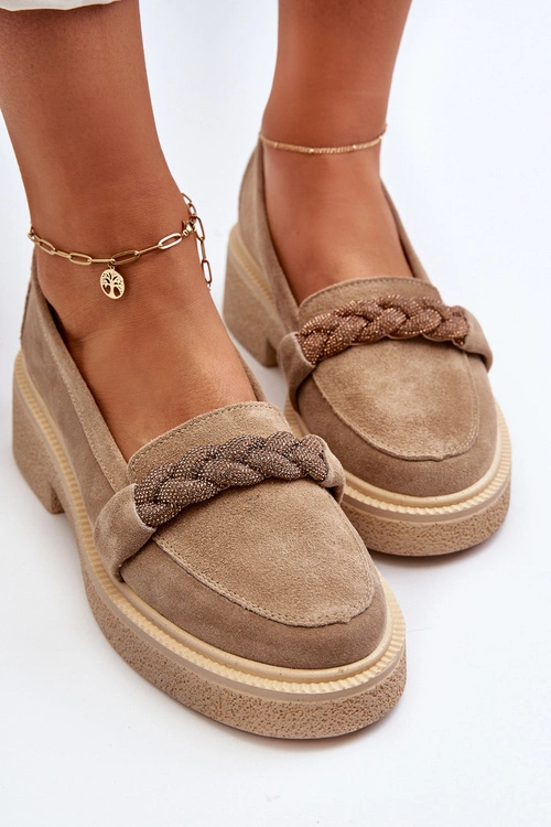 Zazoo 3429/W Damskie Zamszowe Mokasyny Z Ozdobą Beżowe