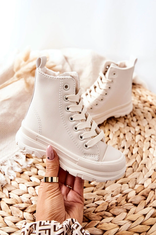 Dziecięce Skórzane Ocieplane Trampki Jasnobeżowe Bomi