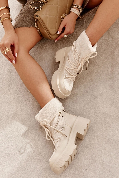 Damskie Botki Śniegowce Z Kożuszkiem Beżowe Sanna