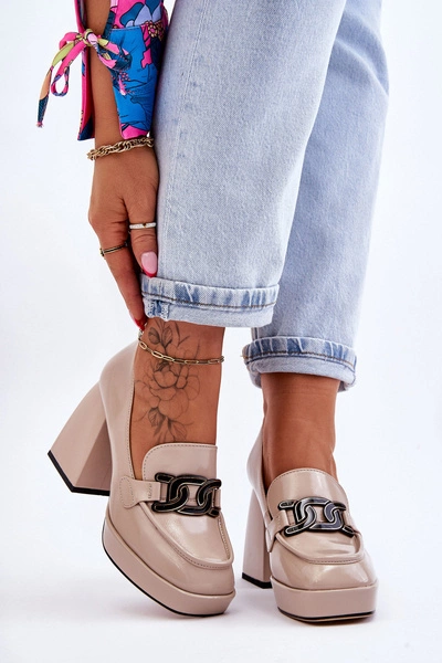 Skórzane Czółenka Na Masywnym Obcasie Beżowe Maximo