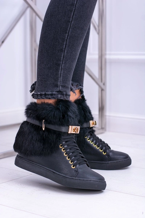 Lu Boo Czarne Botki z Naturalnym Futrem Gisele