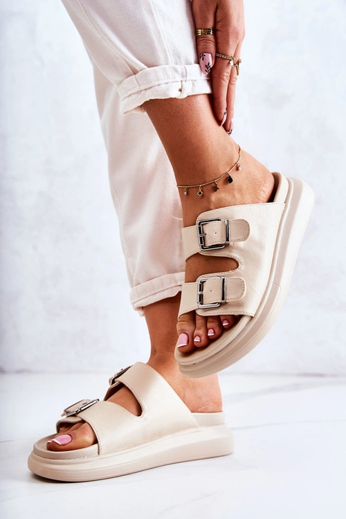 Damskie Skórzane Klapki Ze Sprzączką La.Fi Beżowe Nariss