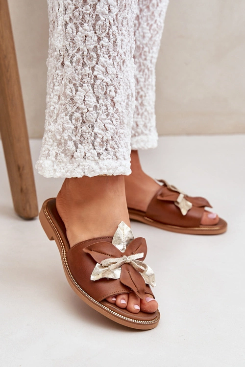 Klapki Z Ozdobą Skóra Naturalna Zazoo 3574/Z Camel