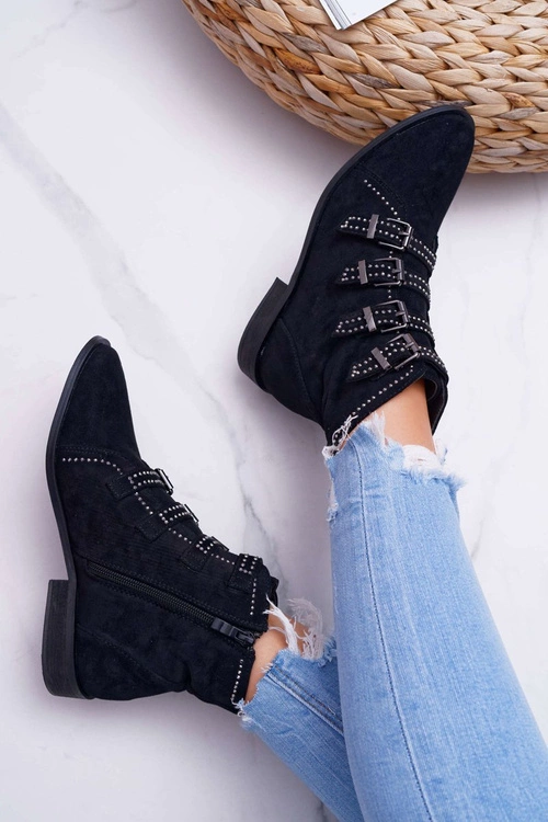 Damskie Botki Zamszowe Nity Klamry Czarne Berugio