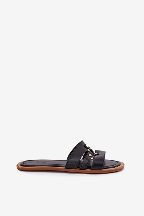 Płaskie Klapki Damskie Ze Złotym Detalem Czarne Noroti