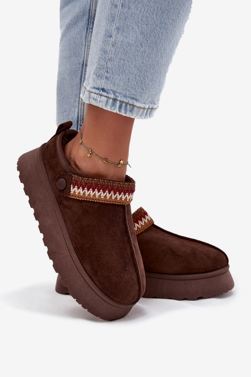 Śniegowce Damskie Niskie Z Ruchomym Paskiem I Haftem Na Platformie Czekoladowe Lyrisse