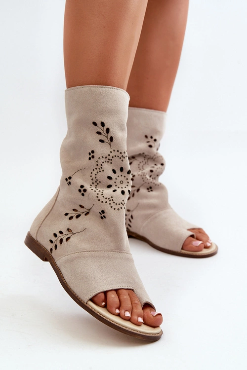 Zazoo 3437 Damskie Zamszowe Sandały Z Cholewką Na Zamek Jasnobeżowe