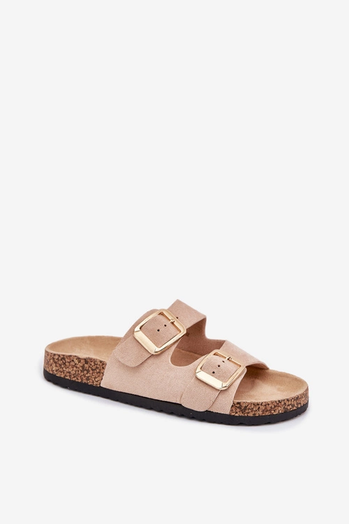 Klapki Damskie Z Eko Zamszu Złote Klamry Beżowe Vorella