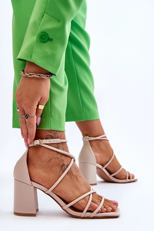 Skórzane Modne Damskie Sandały Na Obcasie Beżowe Primma