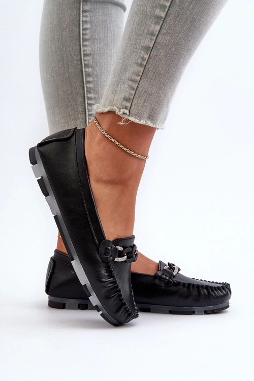 Skórzane Mokasyny Damskie Z Ozdobą Czarne S.Barski LR339