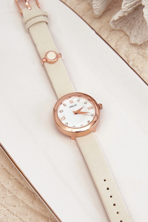 Zegarek Damski Na Cienkim Eko Skórzanym Pasku Jasnobeżowy Ernest E62146