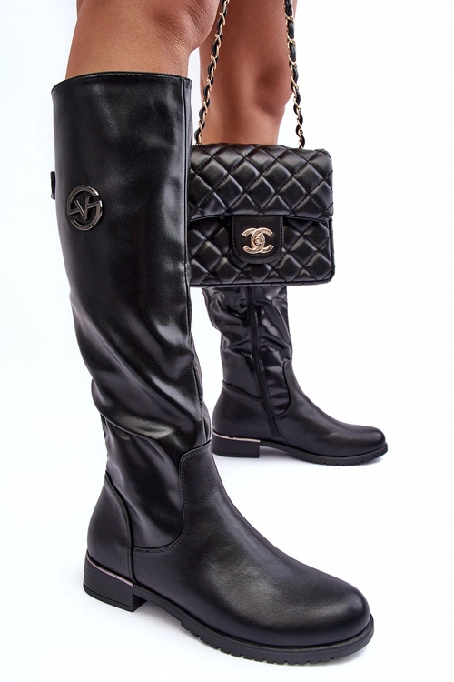 Skórzane Kozaki Damskie Na Płaskim Obcasie Czarne Albuna