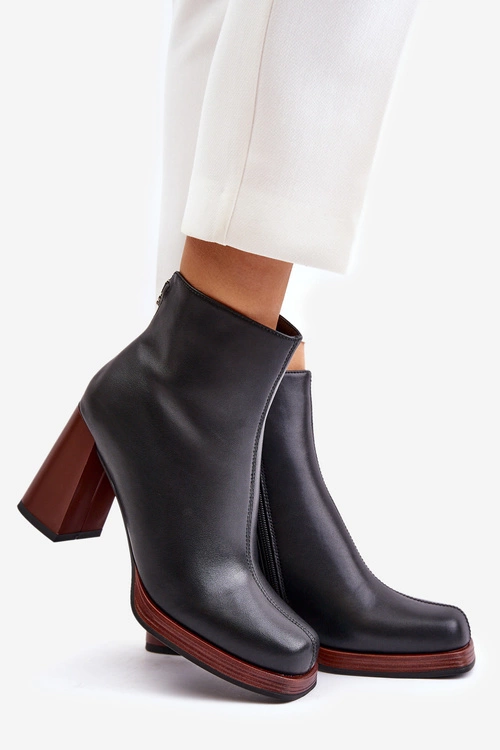 Skórzane Botki Damskie Na Słupku Ocieplane D&A JC42-37 Czarne