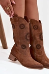 Ażurowe Kozaki Damskie Z Naturalnego Zamszu Na Klocku Zazoo 3793 Brązowe