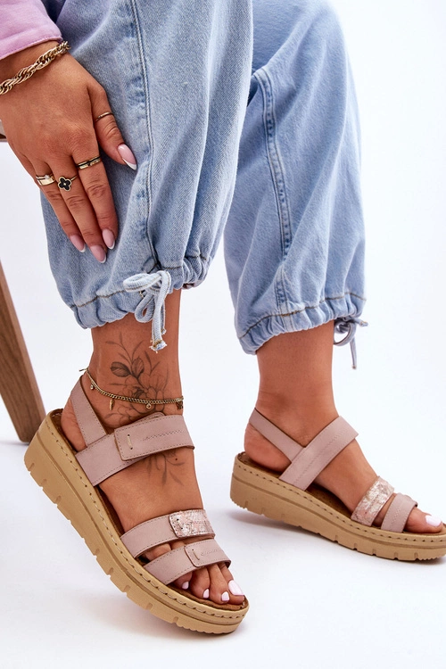 Damskie Skórzane Sandałki Na Rzep Różowe Fresh Look