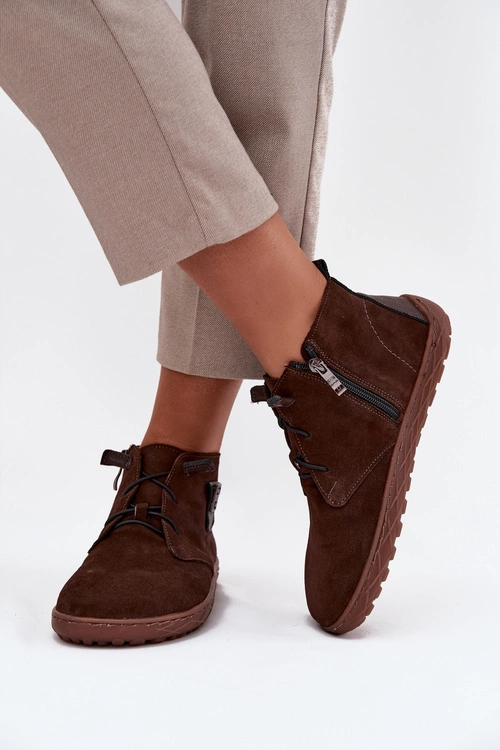 Zamszowe Półbuty Barefoot Damskie Z Ozdobnym Detalem Zazoo 30072 Czekoladowe