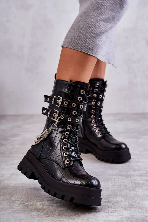 Wysokie Workery Botki Z Łańcuchem Wężowe Czarne Montero