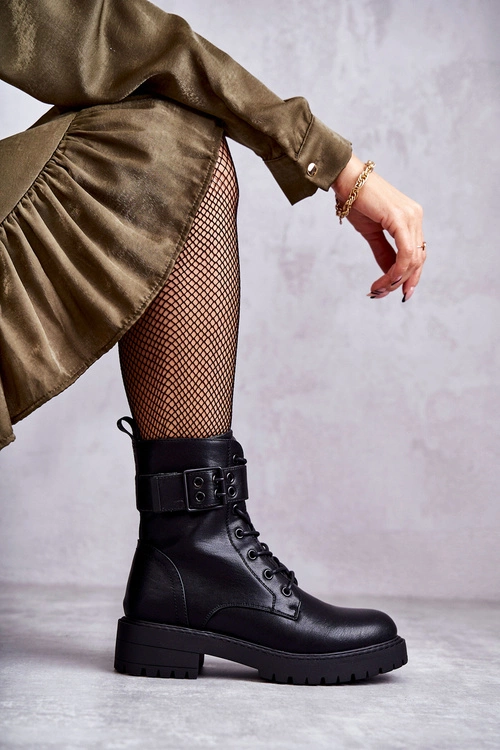 Damskie Botki Sznurowane Na Płaskim Obcasie Czarne Firmina