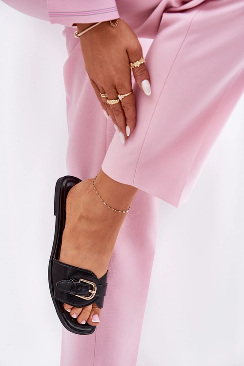 Płaskie Klapki Damskie Ze Złotą Klamrą Czarne Esiobb