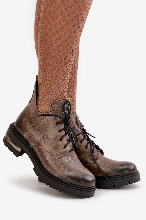 Zazoo 60309 Damskie Skórzane Botki Na Płaskim Obcasie Ciemnobeżowe