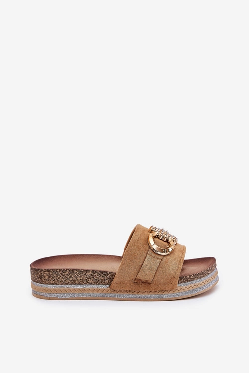 Klapki Damskie Na Platformie Z Brokatem I Złotą Ozdobą Camel Rilirea