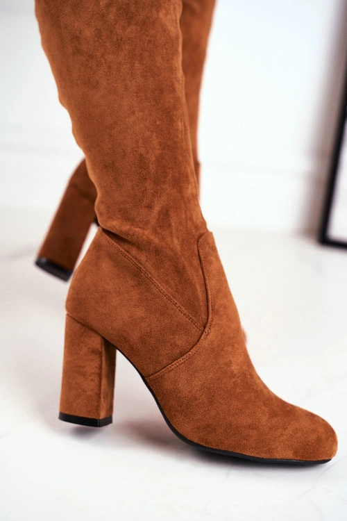 Kozaki Damskie Zamszowe Na Słupku Camel Highso