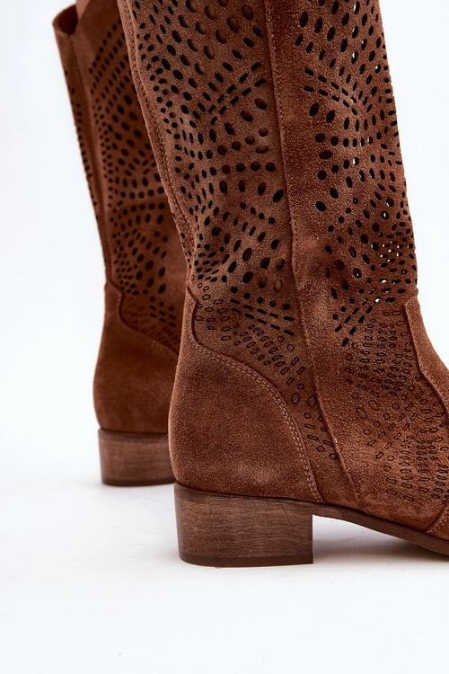 Zazoo 3305/P Zamszowe Kozaki Do Połowy Łydki Ażurowe Brązowe