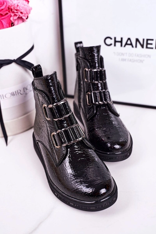 Dziecięce Ocieplane Botki Lakierowane Czarne Wzór Zwierzęcy Maya