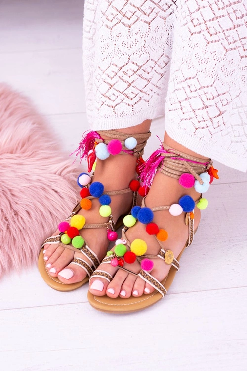 Lu Boo | Kolorowe Sandałki Pompony Rzymianki Gladiatorki