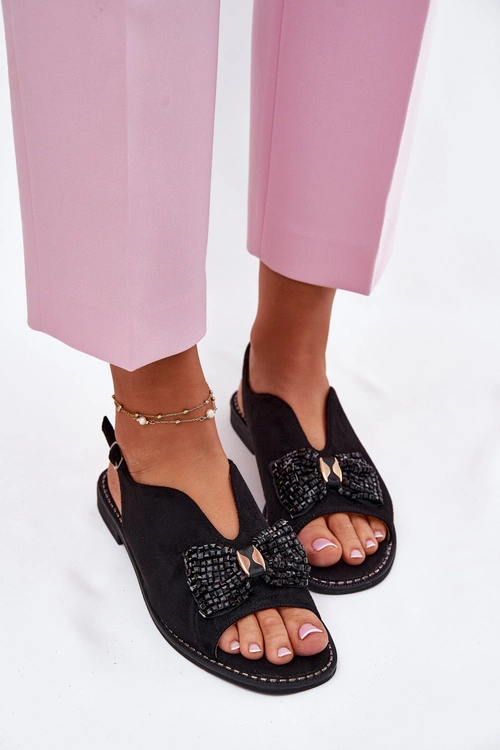 Sandały Damskie Z Kokardą Na Płaskim Obcasie S.Barski KV51-014 Czarne